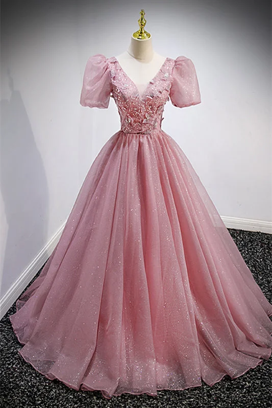 Super Bargain casual dressPink V Neck Puff Sleeves Tulle Lace-Up Back Beaded Appliques Long Formal Dress Super Bargain casual dressPink V Neck Puff Sleeves Tulle Lace-Up Back Beaded Appliques Long Formal Dress