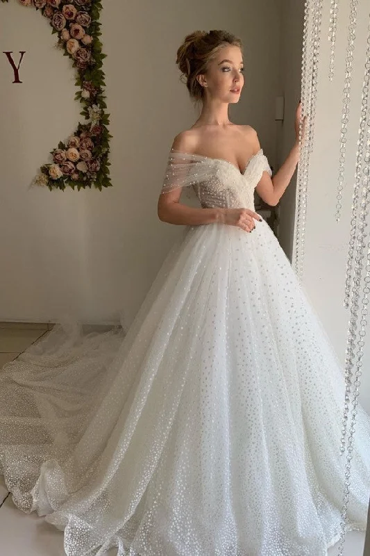 Can't Miss Trendy Off the shoulder Princess Pearl White Ball Gown Wedding Dresses