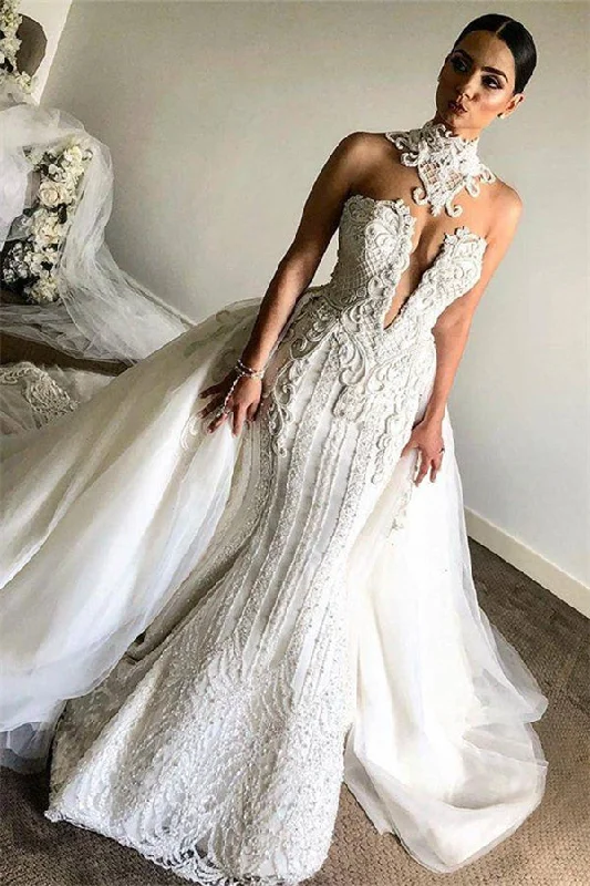 Mega Sale Luxurious High Neck Mermaid Sleeveless Wedding DressNew Arrival Lace Appliques Overskirt Bridal Gown