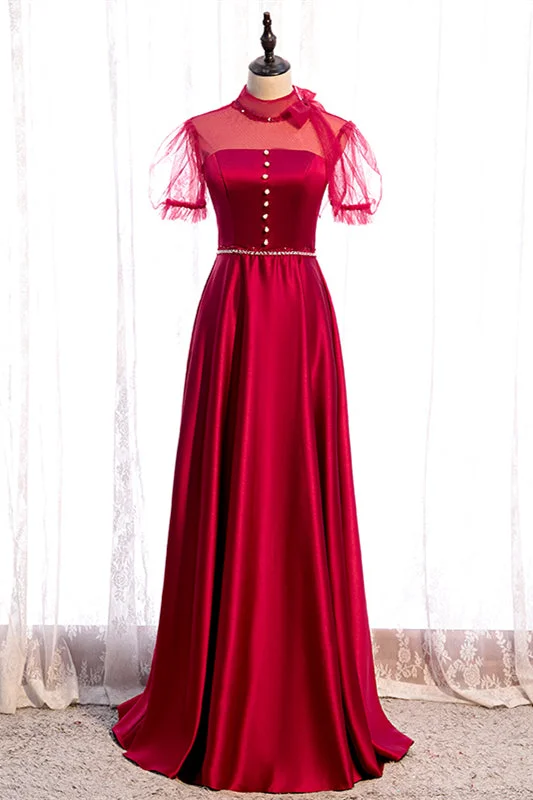 Special Buy romantic dressRed Illusion High Neck Puff Sleeves Beaded Satin Maxi Formal Dress with Buttons
