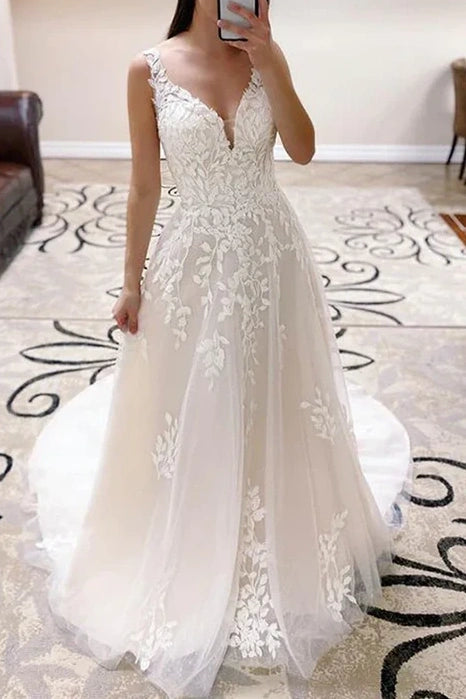 Special Discount wrap-around dressLace A-Line V-Neck Spaghetti Straps Long Wedding Dress