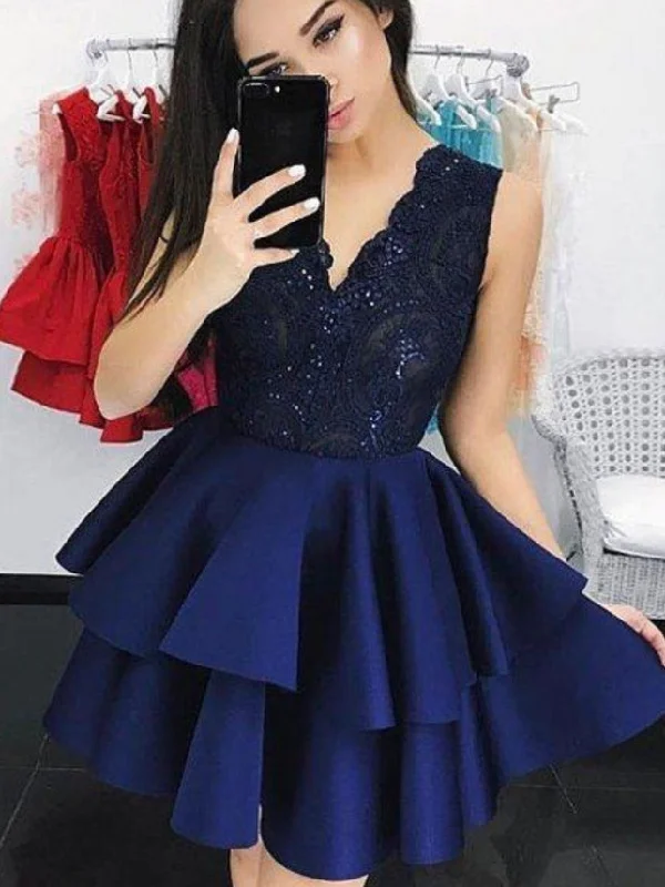 Online Only Beautiful Dark Navy Homecoming Dresses V-neck Short Prom Dress Party Dress JK623