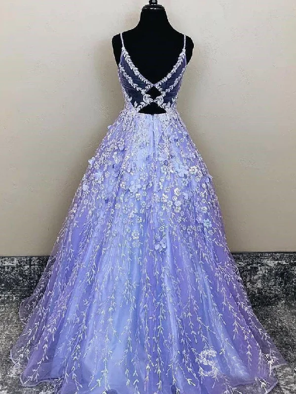 Epic Deals Lavender Spaghetti Straps Lace Floral A-line Formal Gowns Long Prom Dresses
