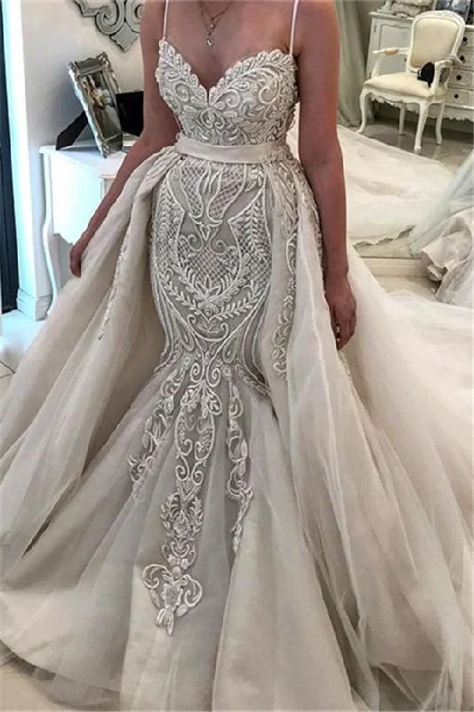 Grand Opening Sale Glamorous Spaghetti Sreaps Lace Wedding Dress Ruffless Overskirt Bridal Gowns
