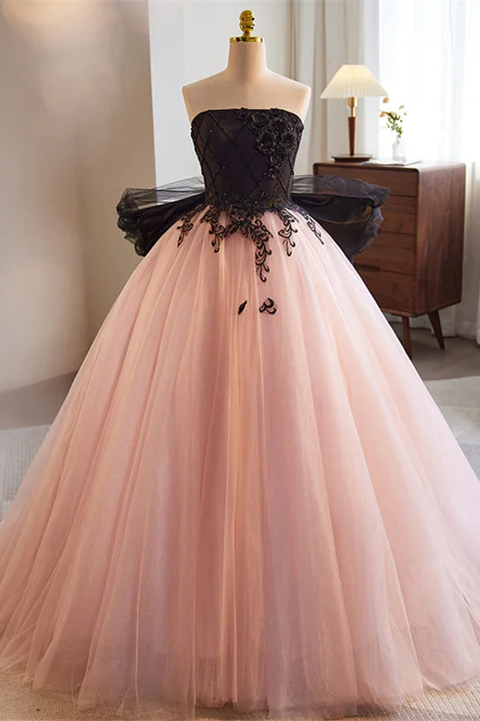 Discount Deals pleated maxi dressPink A-line Strapless Black Top Floral Appliques Long Prom Dress