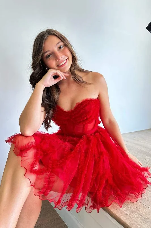 Price Drop silk dressRed A-line Sweetheart Ruffles Short Tulle Homecoming Dress