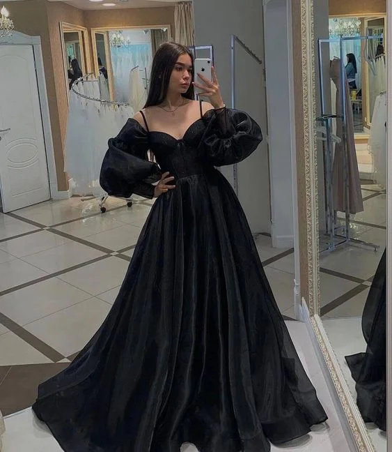 Unmissable Offer knit dressBlack Long Sleeves Prom Dresses,Organza Formal Dresses,Party Dress with Train Y4418