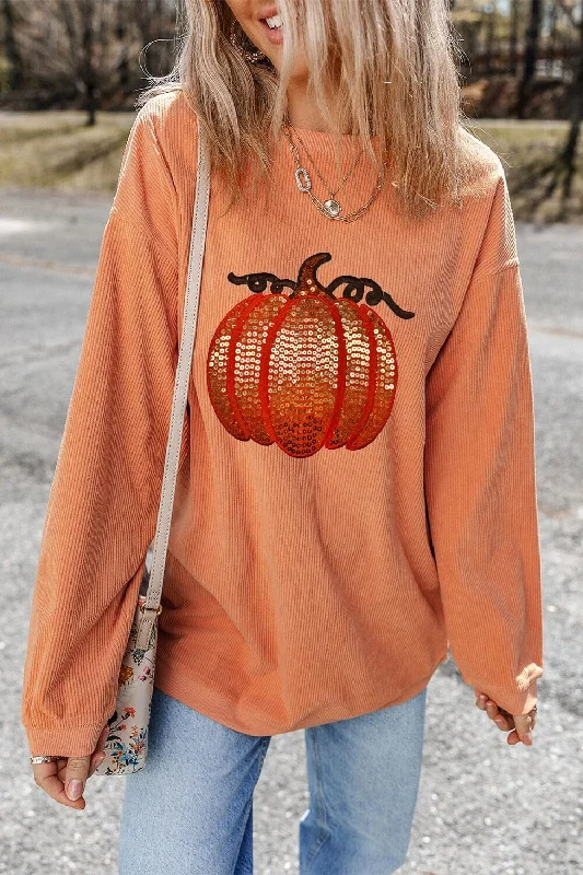 Discount Deals sleek zip-up hoodielightweight fitness hoodieSequin Pumpkin Round Neck Long Sleeve Sweatshirt