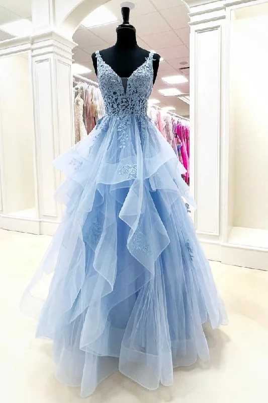 Discount Deals summer dressStraps Light Blue Applique A-Line Layers Prom Dress