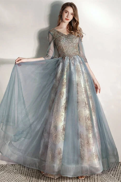 Weekend Flash Sale oversized dressHalf Sleeves Blue and Gold Long Prom Dress