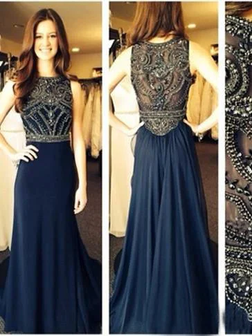 Price Fest Dark Navy Prom Dresses A-line Scoop Rhinestone Sexy Prom Dress/Evening Dress JKL440