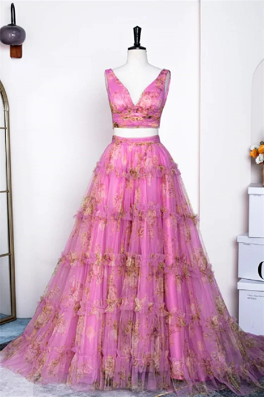 One-DAY Sale cocktail party dressPink Two-Piece Ruffled Floral Long Prom Dress