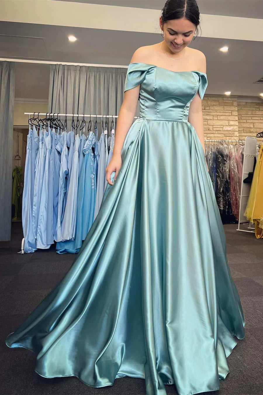 Exclusive Deal shift dressOff-Shoulder Sleeveless Empire Satin A-Line Prom Dress