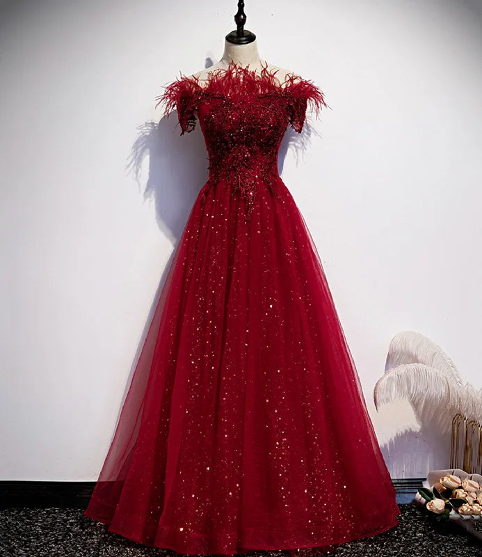 Limited Availability modern dressBurgundy tulle sequins long A line prom dress evening dress s69