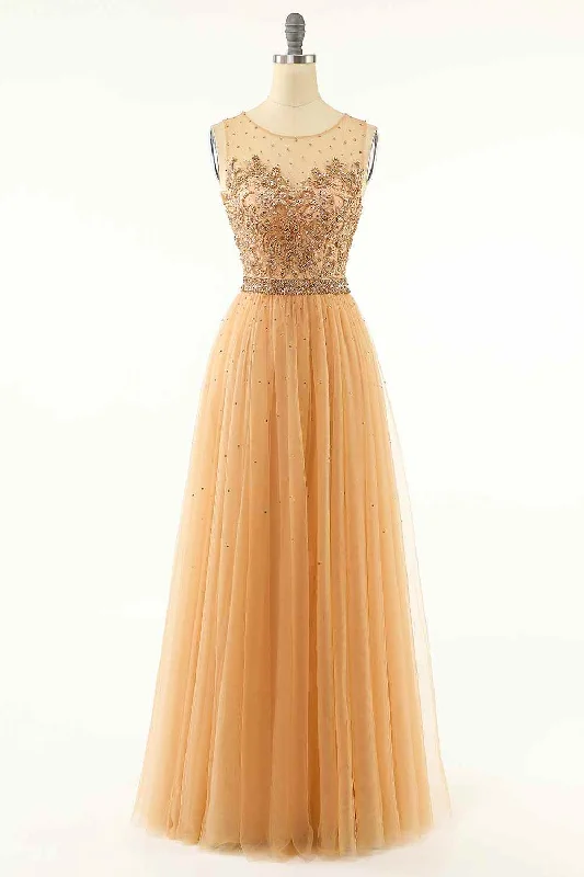 Now or Never luxury dressGold A-line Illusion Neckline Sparkly Tulle Embroidery Long Prom Dress
