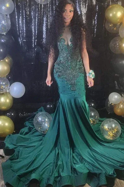 Deal of the Week stylish party dressGlorious Long Mermaid V-neck Sleeveless Formal Prom Dresses With Beading Y4336