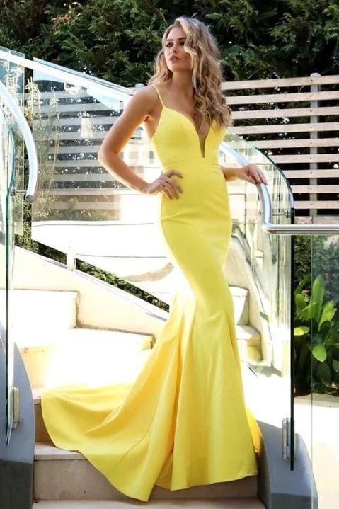 Act Now pleated dressSexy Satin Trumpet V-Neck Spaghetti Straps With Train Prom Dress