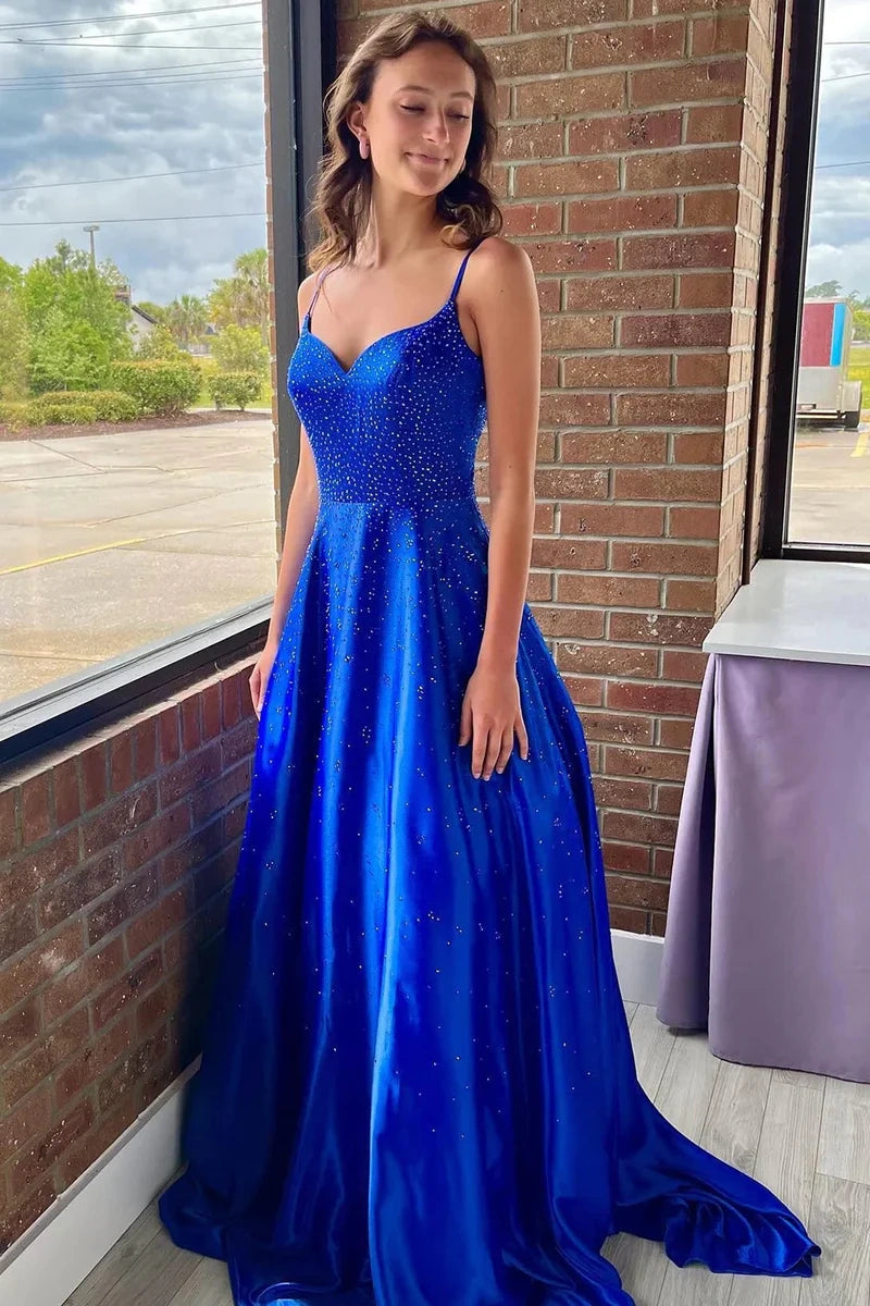 Mega Deal statement dressGlitter Satin A-Line Sweetheart Spaghetti Straps Beaded Prom Dress
