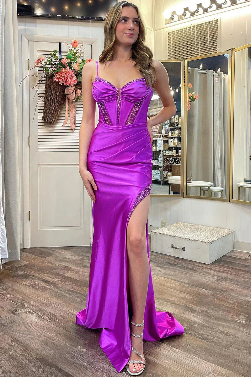 Final Clearance cocktail dressSatin Trumpet Sweetheart Spaghetti Straps Beaded With Train Prom Dress