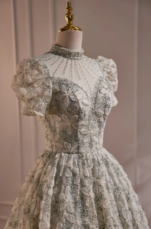 Online Exclusive Gorgeous Short Sleeves Prom Dress with Beads and Floral Appliques