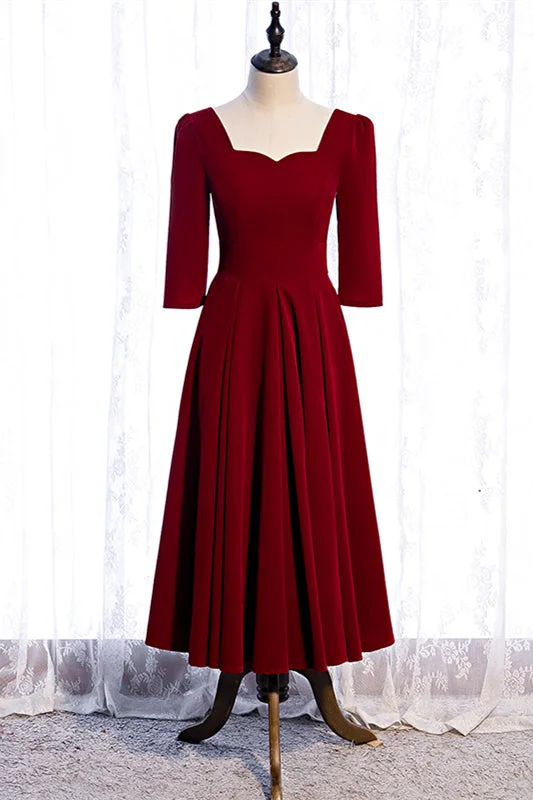 Value Deals mini dressBurgundy A-line Sleeves Square Neck Pleated Tea Length Formal Dress