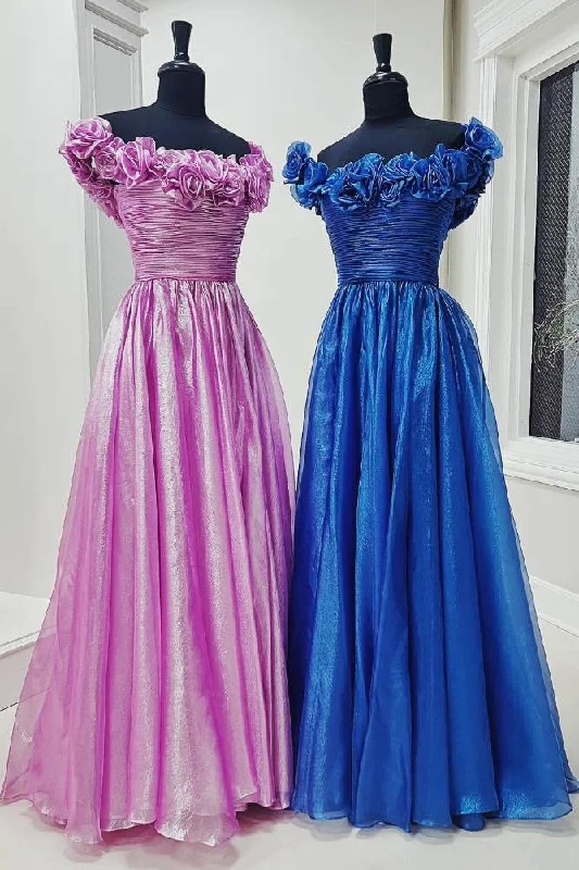 Limited Time Discount summer dressFuchsia Off the Shoulder 3D Floral A-Line Long Prom Dress