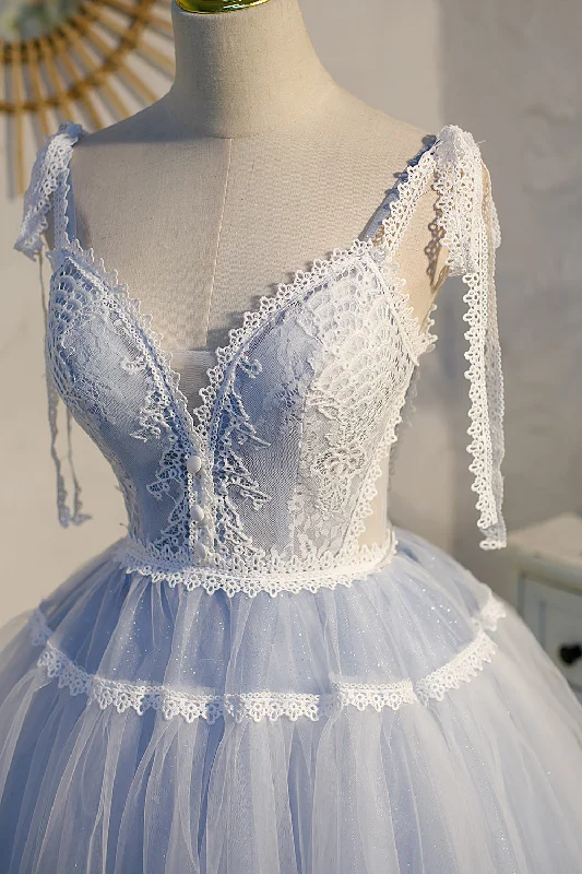 Best Bargains Light Blue Spaghetti Straps Lace Tulle Short Homecoming Dresses