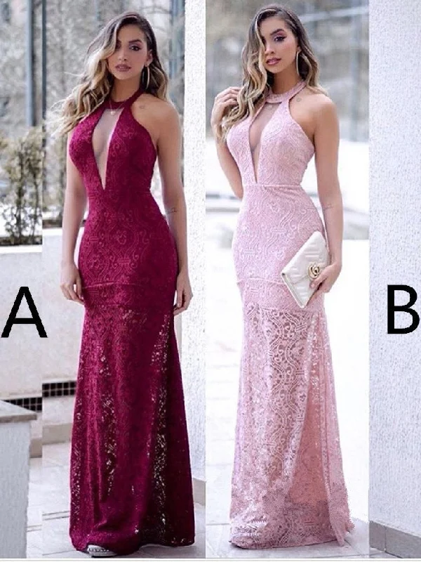 Must-Have Deals Burgundy Prom Dresses Halter Sheath Lace Sexy Beautiful Pink Prom Dress JKL1548