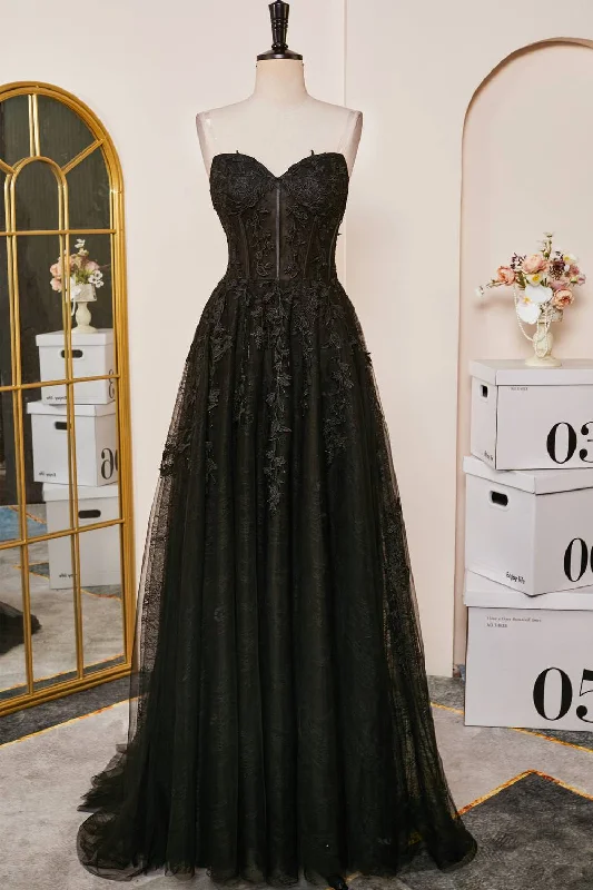 Don't Wait chic shift dressBlack Lace-Up Strapless Appliques A-line Long Prom Dress