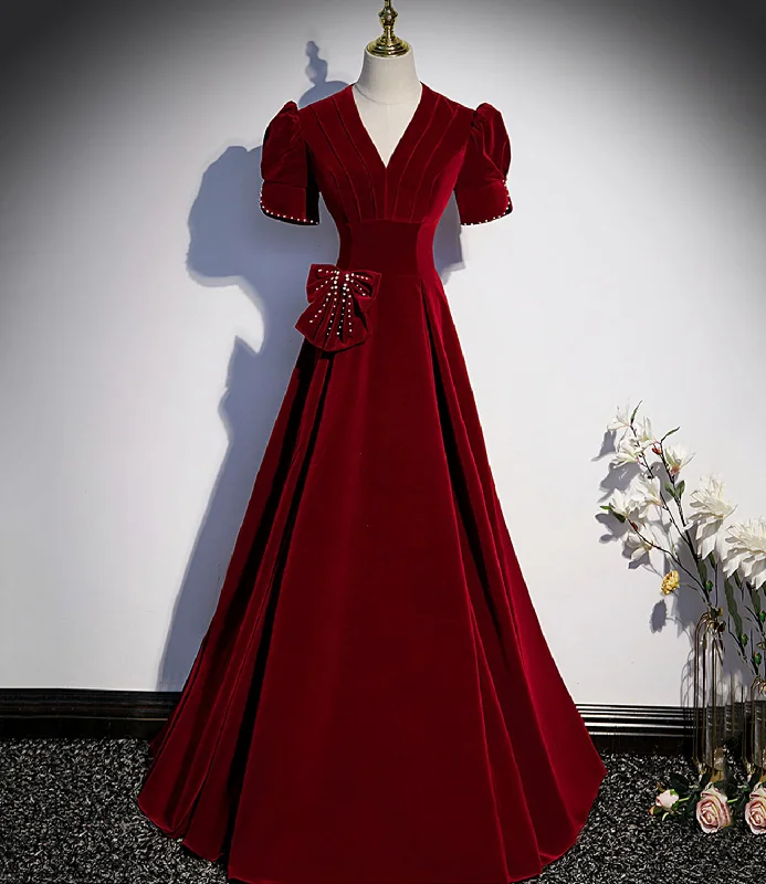 Fantastic Offers velvet dressBurgundy v neck long prom dress A line evening dress s54
