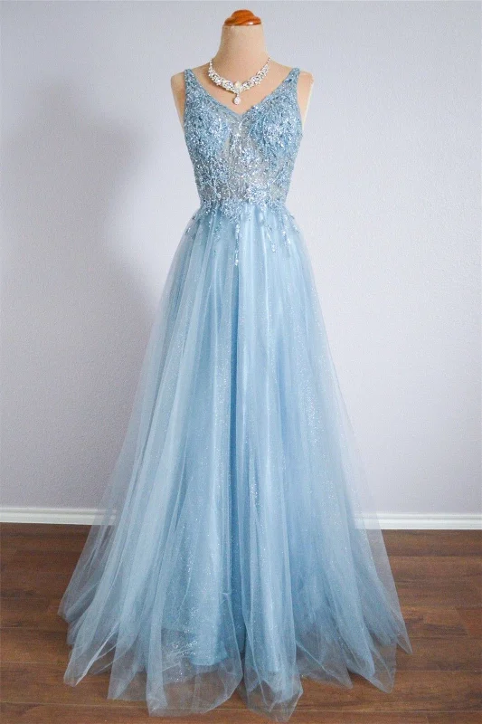 Overstock ruffle dressSky Blue A-line Spaghetti Straps Beaded Lace Long Formal Dress