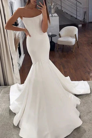 Fantastic Offers pleated dressSatin Trumpet Bateau Strapless With Train Wedding Dress