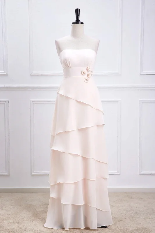Discount Days A-line dressPink Strapless A-line Layers Long Bridesmaid Dress with Flowers Discount Days A-line dressPink Strapless A-line Layers Long Bridesmaid Dress with Flowers