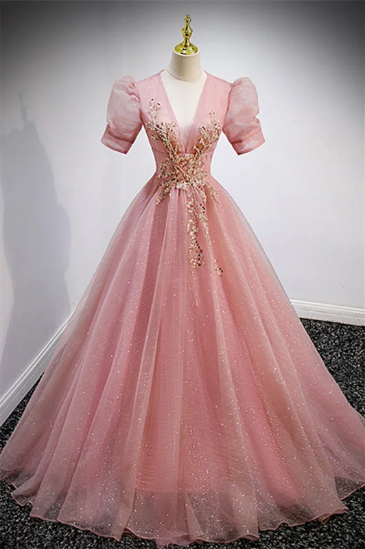Crazy Savings wrap dressPink V Neck Puff Sleeves Tulle Lace-Up Back Gold Beading Long Formal Dress Crazy Savings wrap dressPink V Neck Puff Sleeves Tulle Lace-Up Back Gold Beading Long Formal Dress