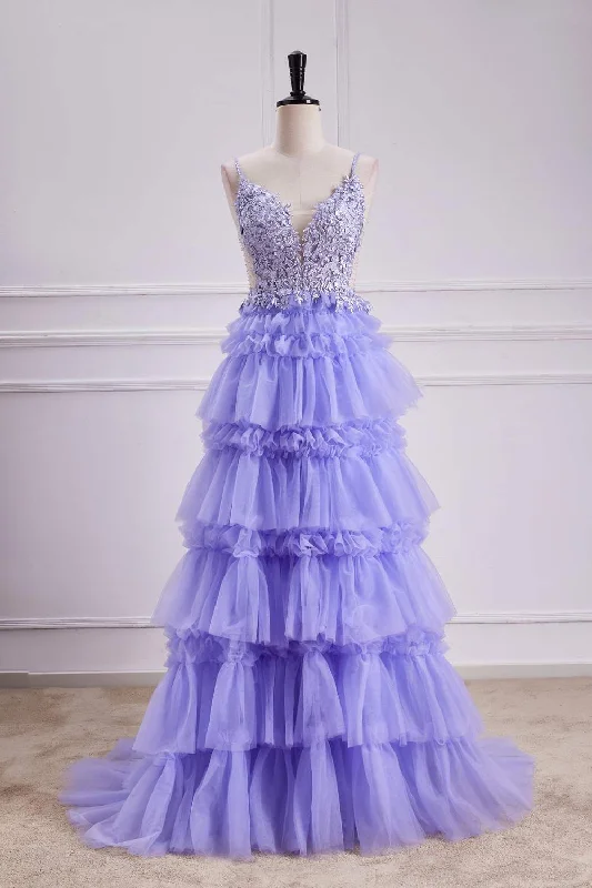 The Best Prices A-line dressLavender Lace-Up Appliques A-line Layers Long Prom Dress