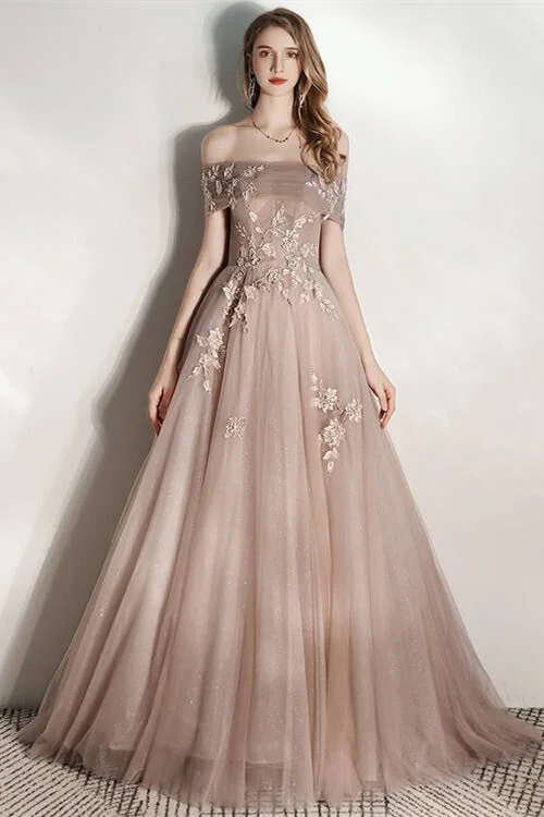 Exclusive Deal stylish dressShiny Champagne Tulle Long Evening Dress