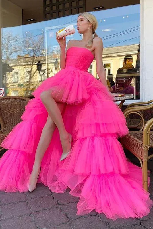 Act Now casual evening dressStrapless High Low Layered Hot Pink Tulle Long Prom Dress, High Low Hot Pink Formal Dress, Hot Pink Evening Dress Y214