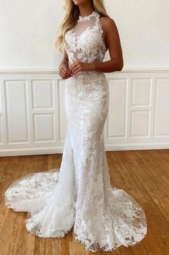 Big Discounts cocktail dressHigh Neck Sleeveless Backless Mermaid Lace Wedding Dress
