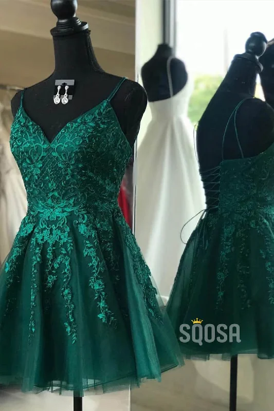 Customer Appreciation Sale sophisticated dressSpaghetti Straps Green Tulle Appliques A-Line Homecoming Dress QH0827