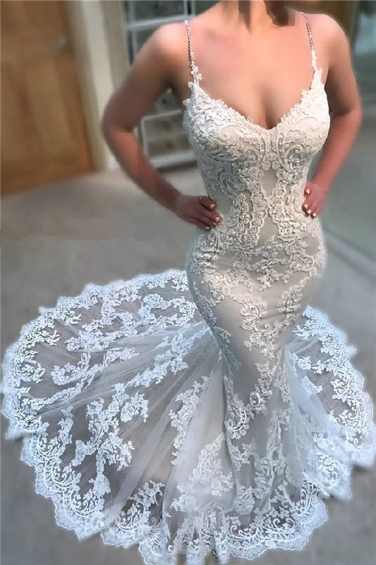 Limited Quantity Modern Spaghetti Straps Lace Wedding Dresses Online Mermaid Dresses for Weddings