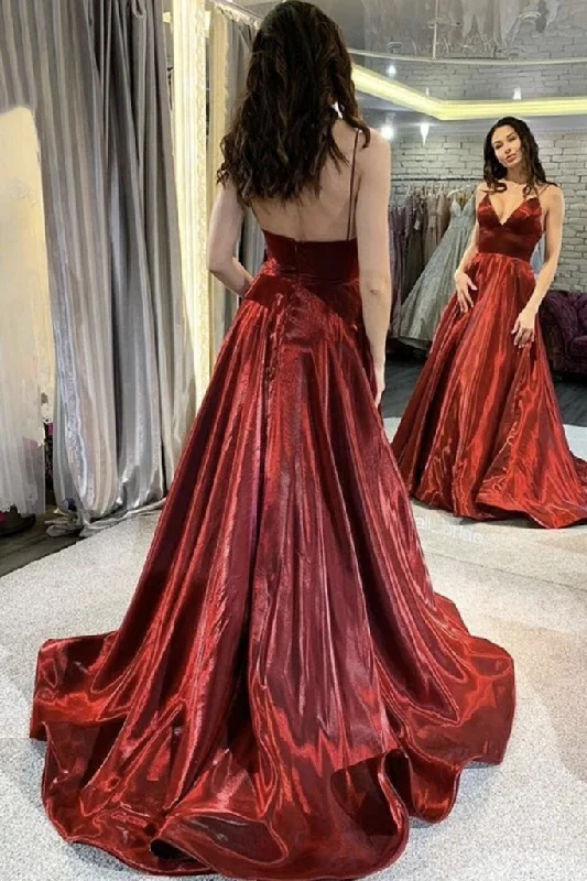 The Best Prices Burgundy Satin A Line Long Prom Dress V Neck Thin Straps Evening Dress  GJS204