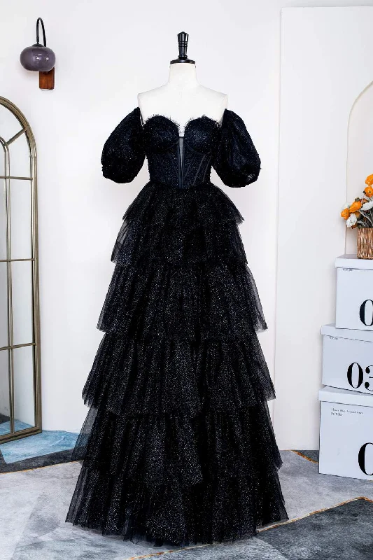 Early Access ruched dressSparkly Black Off-Shoulder Puff Sleeves Layers Long Prom Dress