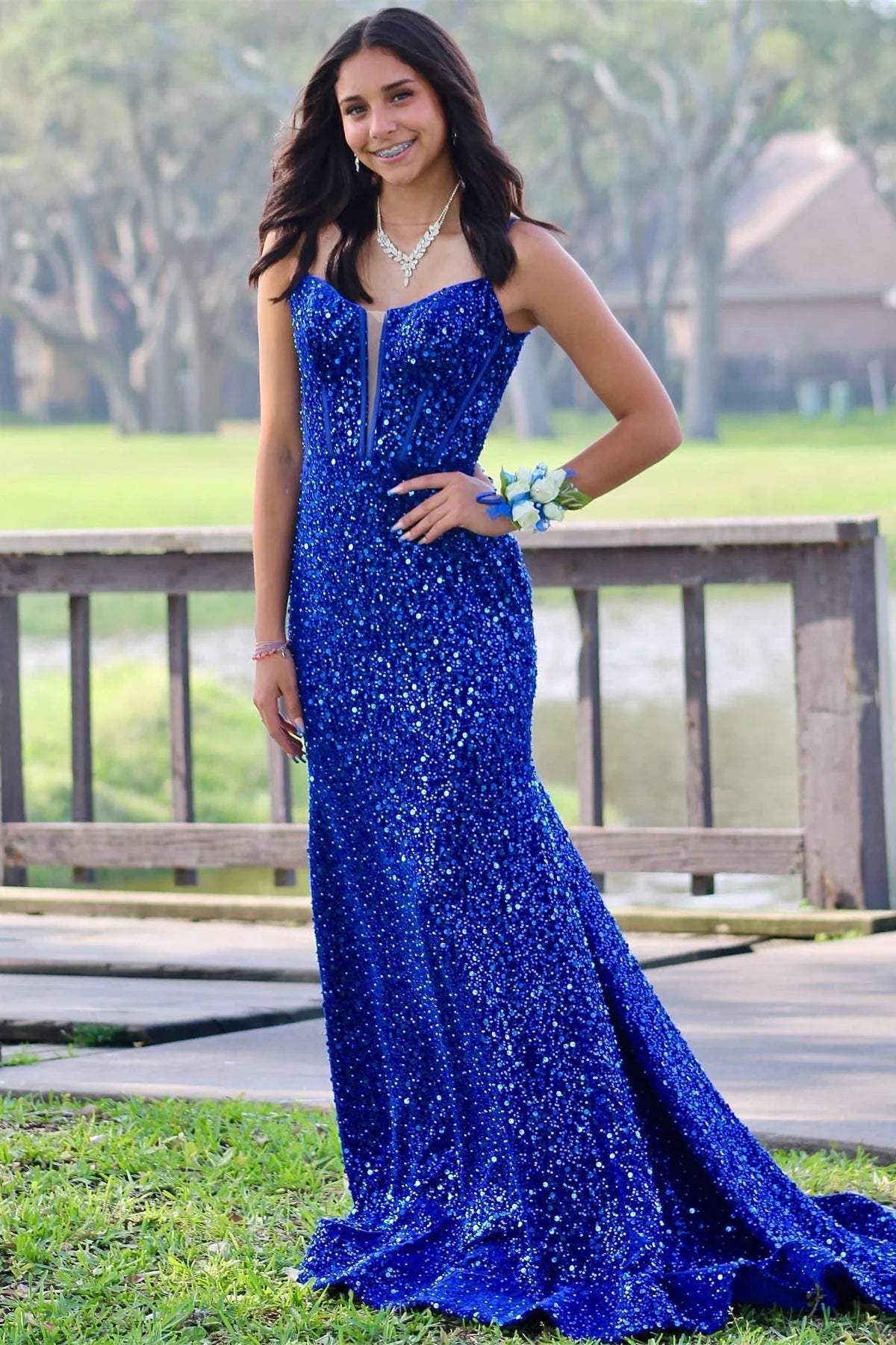 Limited Quantity floral dressBateau Spaghetti Straps Empire Sequins Mermaid Prom Dress