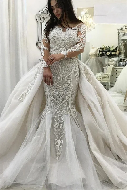Special Promotion AmazingLong Sleeves Lace Mermaid Bridal Gowns Detachable Train New Arrival Ruffless Bridal Gowns