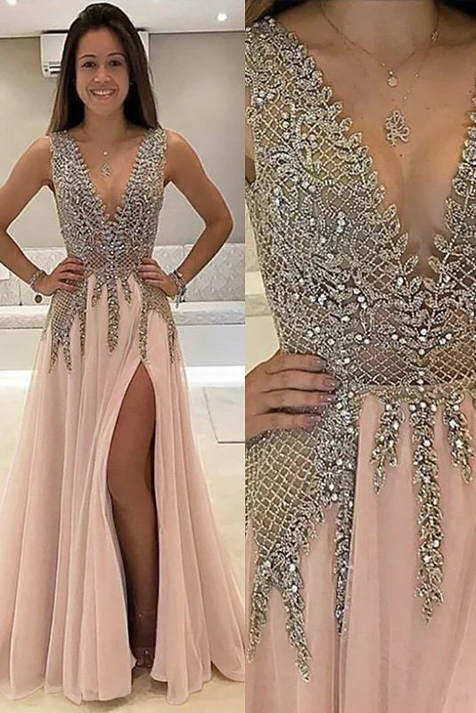 Deal Mania A-Line V-Neck Sleeveless Sweep Train Beading Tulle Prom Evening Dresses GJS118