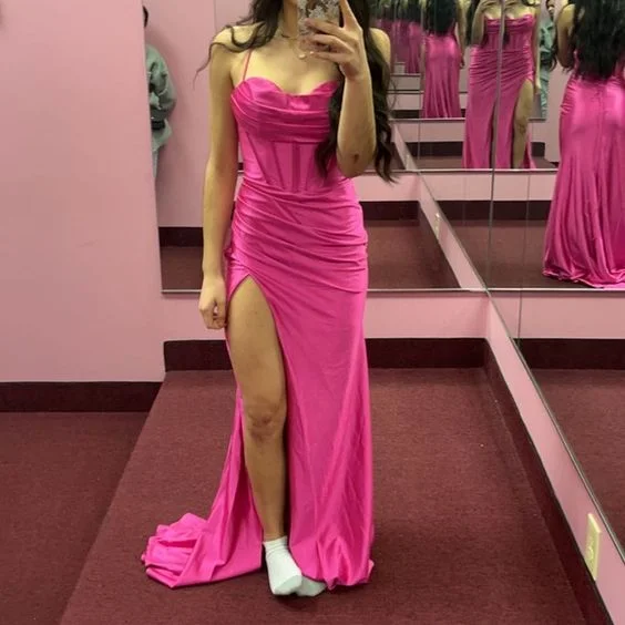 Mega Sale classic fit-and-flare dressHot pink spaghetti strap and corset prom dress Y4502