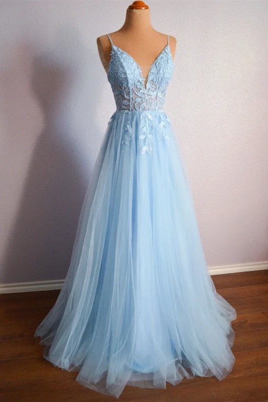 Fantastic Deals pleated maxi dressSky Blue A-linen V-Neckline Sheer Tulle Spaghetti Straps Lace Long Prom Dress