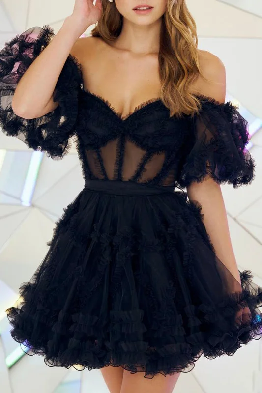 Big Discounts stylish dressA Line Sweetheart Ruffles Short Sleeves Short Homecoming Dress QH0838