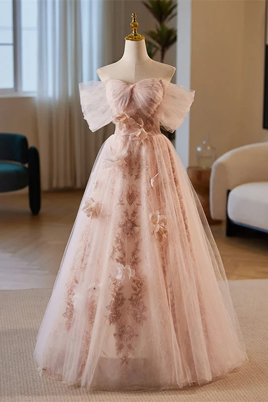 Savings Alert casual midi dressPink Off-Shoulder A-line 3D Floral Applique Tulle Long Prom Dress