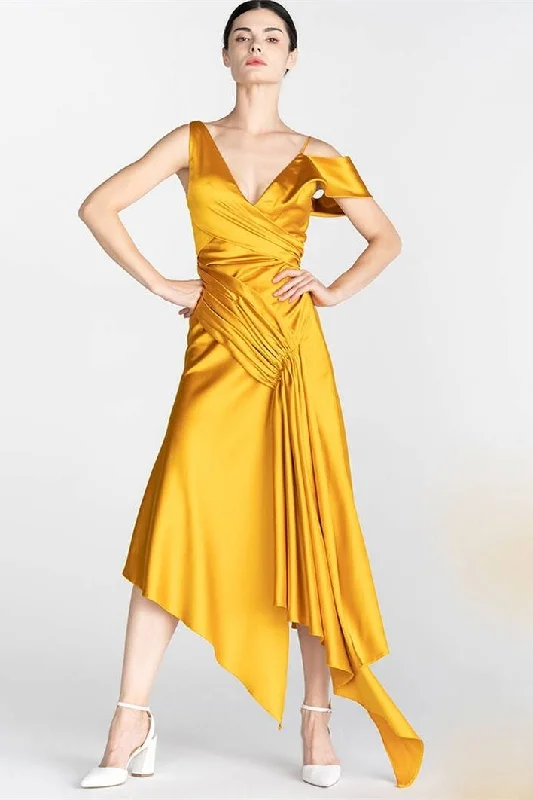 Discount Deals trendy dressMustard Yellow Asymmetrical Tea Length Party Dress